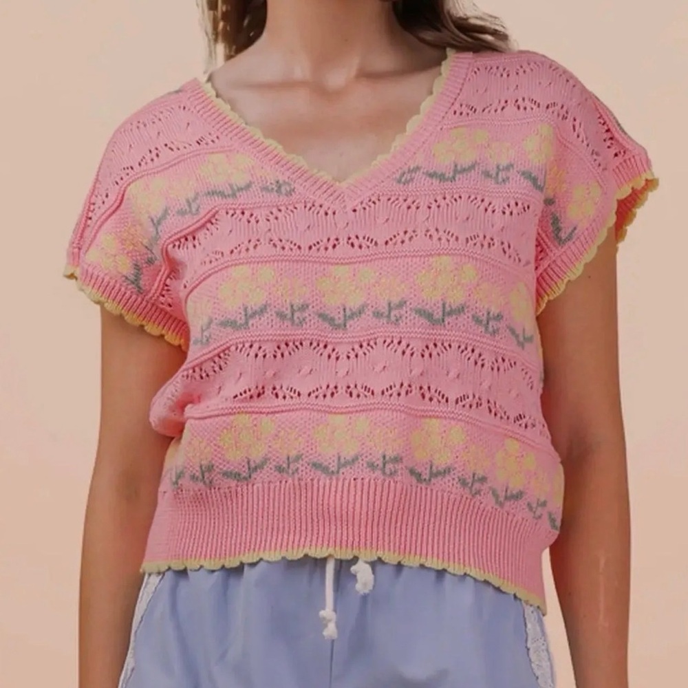 Floral Graphic Knit Sweater Vest - Pink
